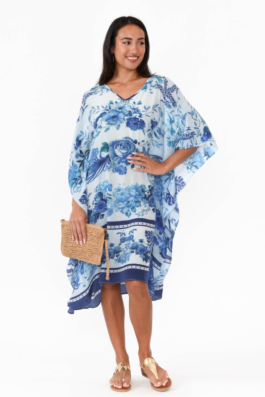 Clothing Inoa Below Knee Dresses | Sally Blue Floral Silk Kaftan