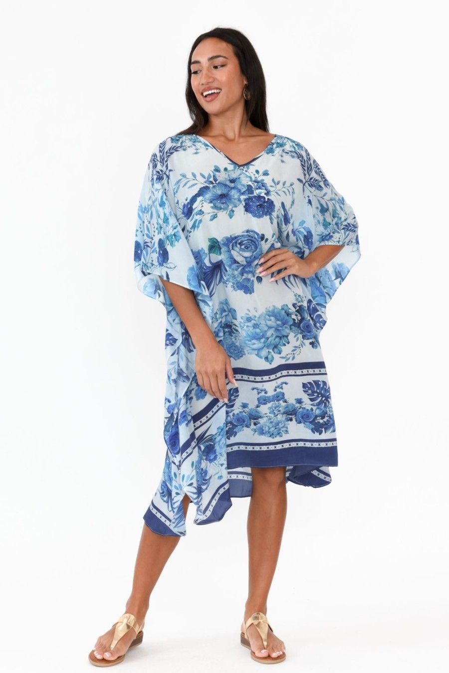 Clothing Inoa Below Knee Dresses | Sally Blue Floral Silk Kaftan