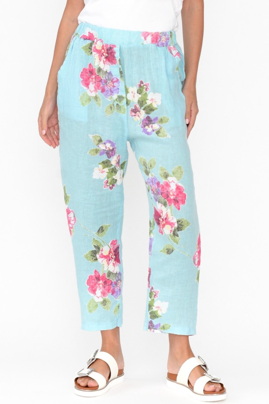 Clothing Cali and Co Pants | Jacqui Aqua Flower Linen Pants