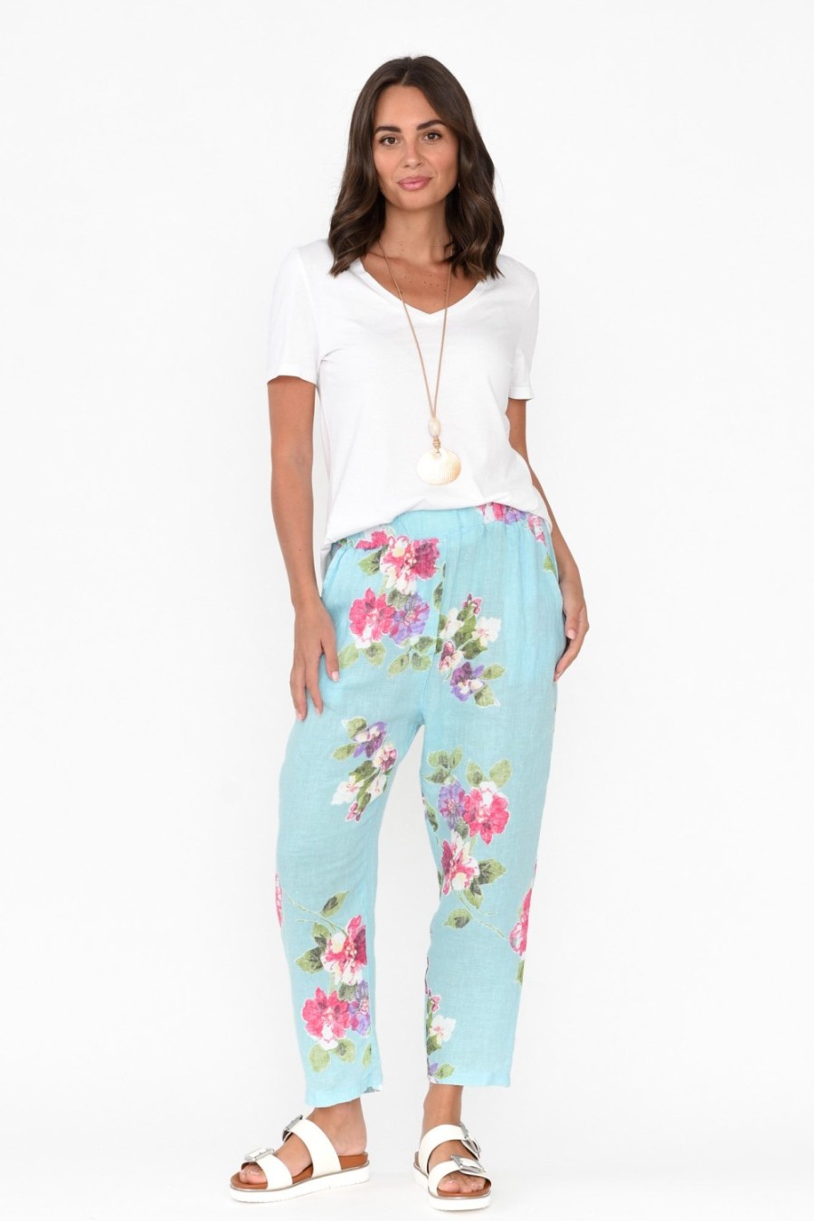 Clothing Cali and Co Pants | Jacqui Aqua Flower Linen Pants