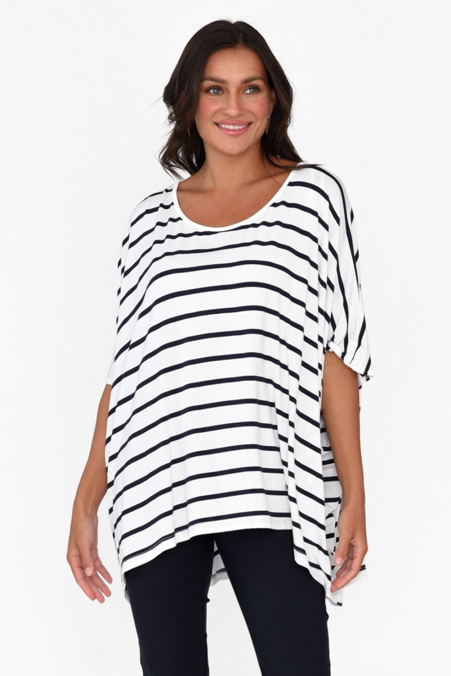 Clothing Pq Sleeved Tops | Sorronda White Stripe Bamboo Batwing Top