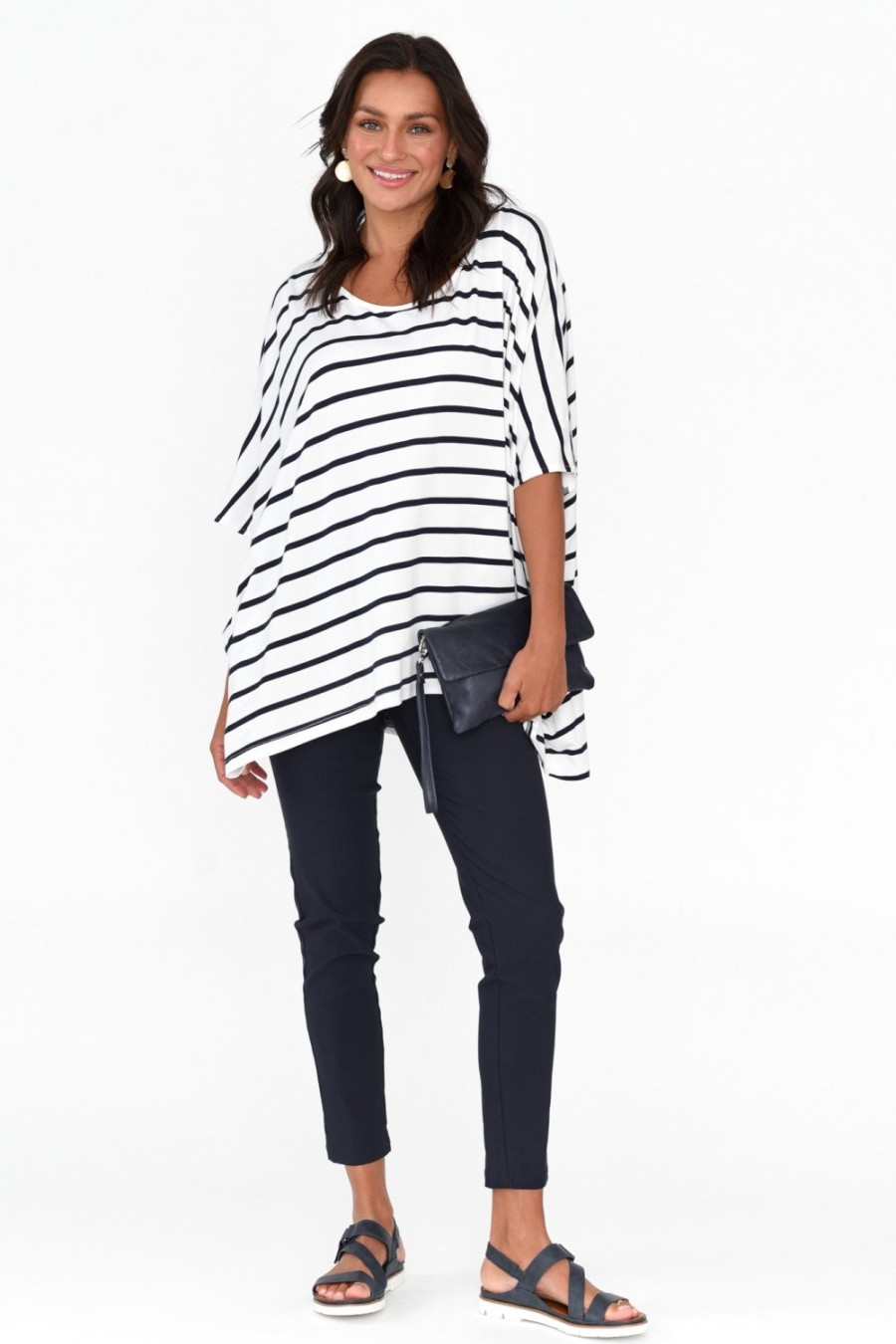 Clothing Pq Sleeved Tops | Sorronda White Stripe Bamboo Batwing Top