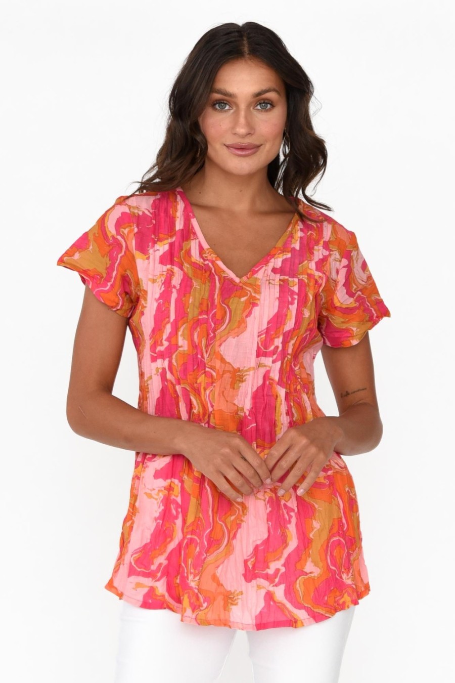 Clothing One Summer Cotton Tops | Fia Pink Swirl Cotton Top