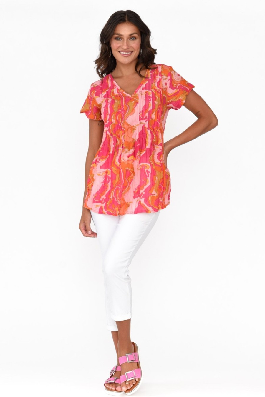 Clothing One Summer Cotton Tops | Fia Pink Swirl Cotton Top