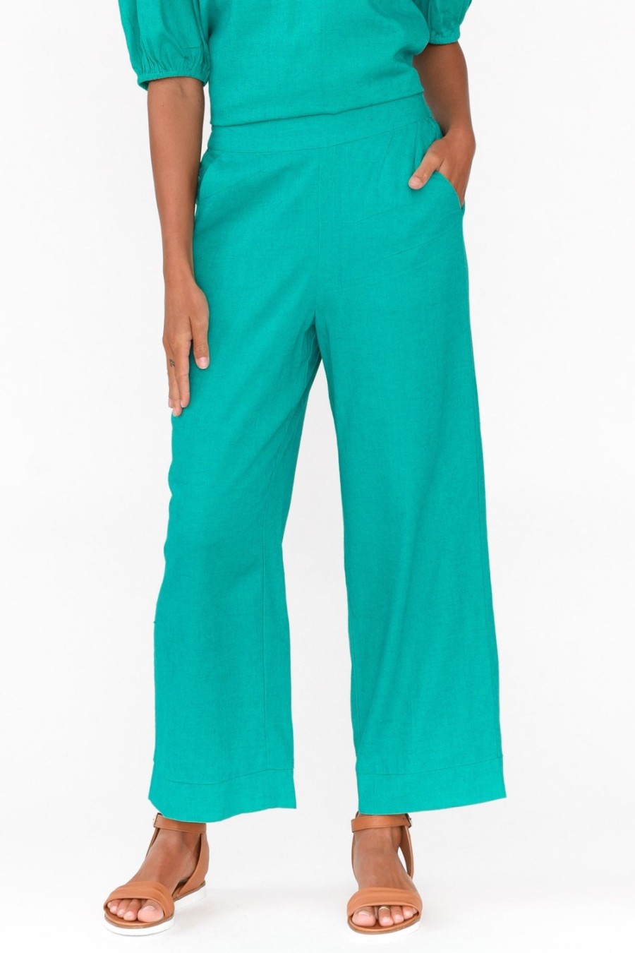 Clothing Betty Basics Pants | Parker Teal Linen Blend Pant