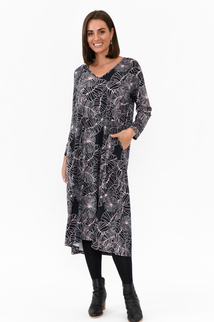 Clothing PQ Bamboo Dresses | Saddler Navy Garden V Neck Bamboo Dress