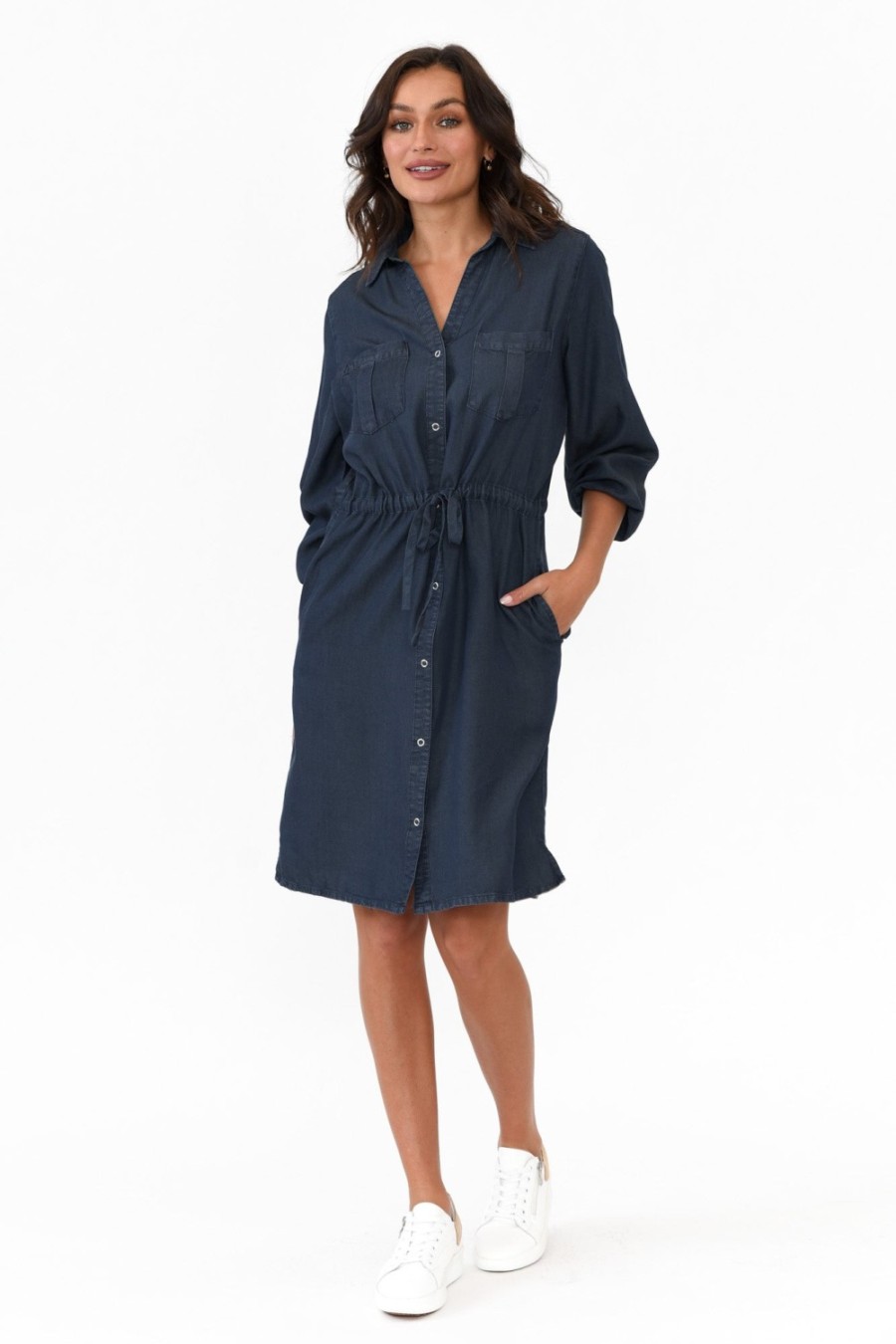 Clothing Betty Basics Above Knee Dresses | Denise Navy Tie Front Shirt Dress