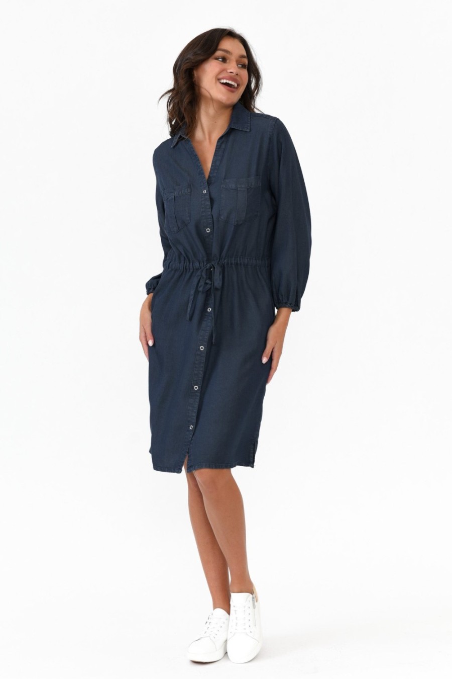 Clothing Betty Basics Above Knee Dresses | Denise Navy Tie Front Shirt Dress