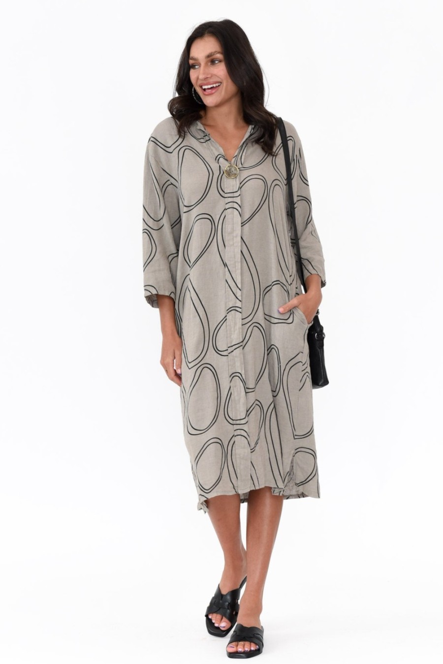 Clothing La Strada Linen Dresses | Inez Taupe Circle Linen Button Dress