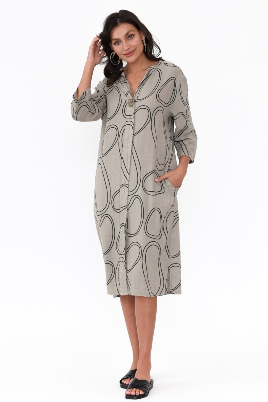 Clothing La Strada Linen Dresses | Inez Taupe Circle Linen Button Dress