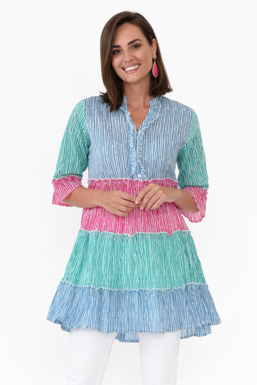 Clothing One Summer Tunic Tops | Deedee Multi Stripe Cotton Frill Tunic