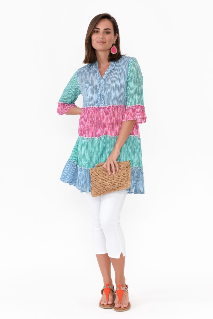 Clothing One Summer Tunic Tops | Deedee Multi Stripe Cotton Frill Tunic