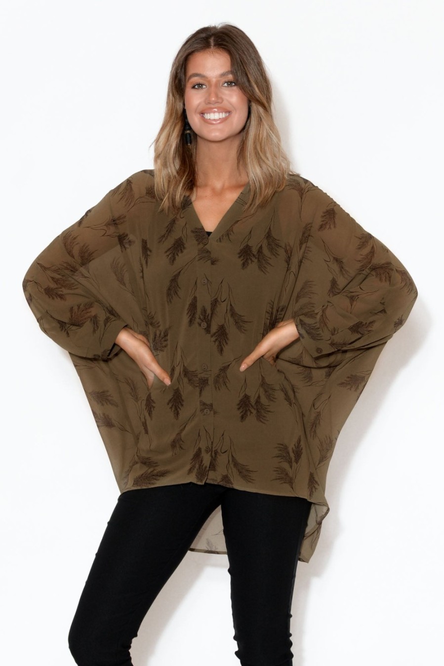 Clothing Slate the Label Tunic Tops | Fallon Khaki Fern Batwing Top