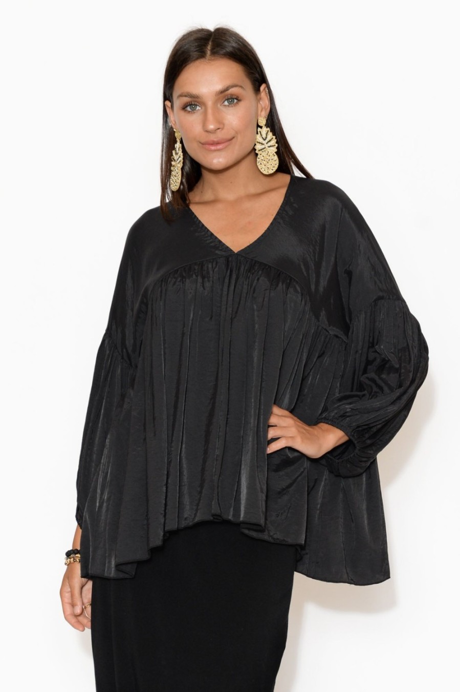 Clothing Tirelli Sleeved Tops | Ebony Black Bamboo Blend Top