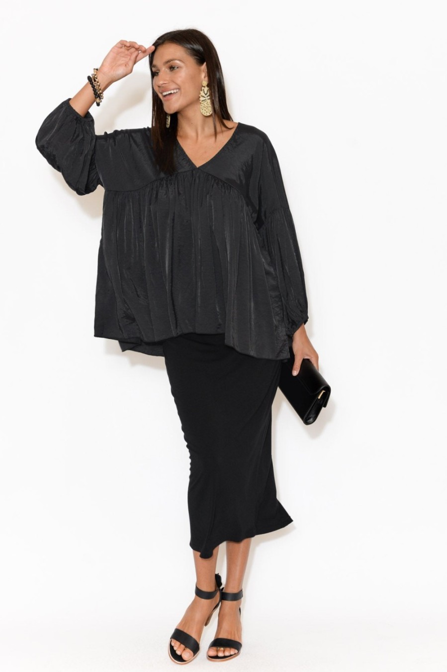 Clothing Tirelli Sleeved Tops | Ebony Black Bamboo Blend Top