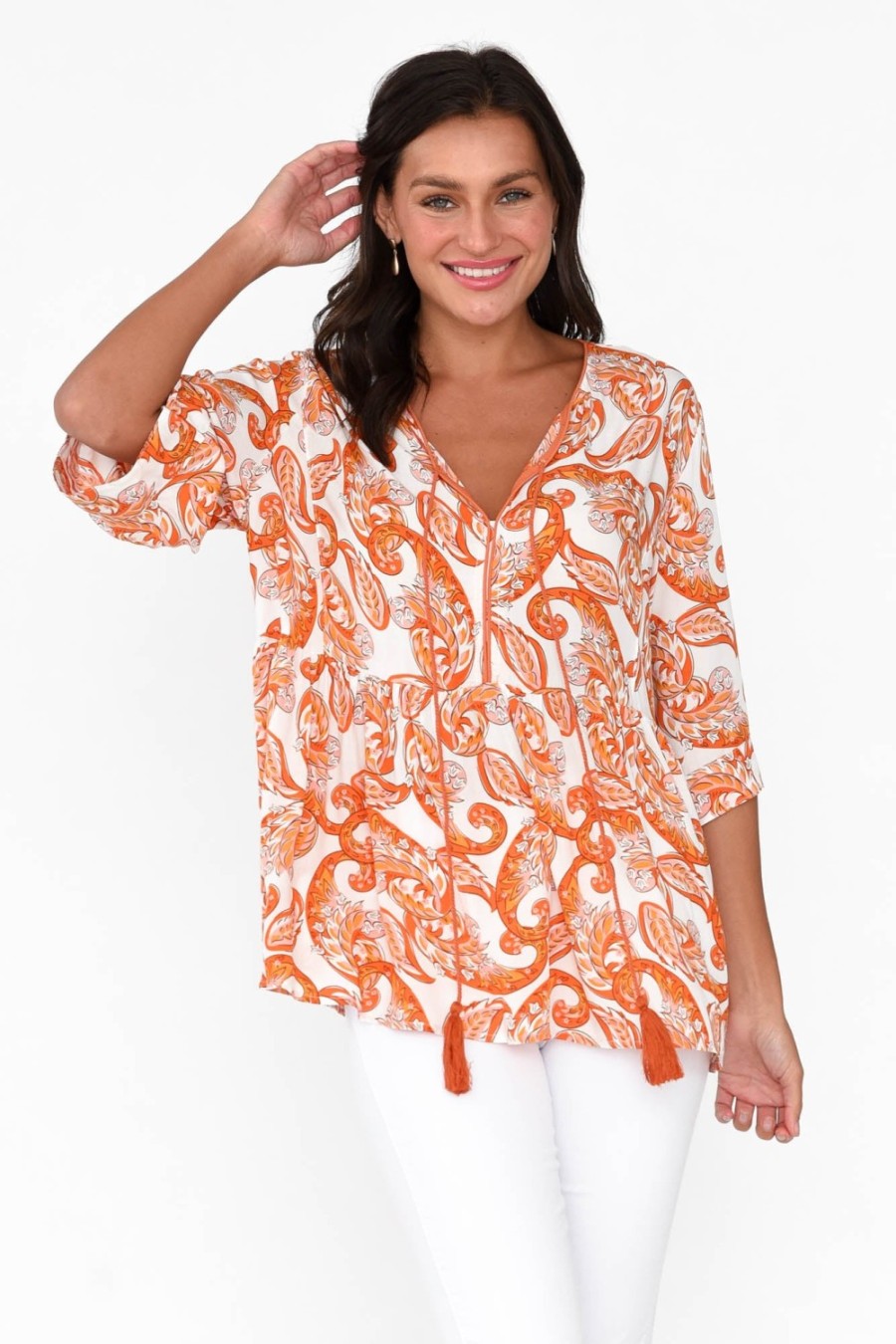 Clothing Sanctum Sleeved Tops | Gwendolyn Orange Paisley Tassel Top