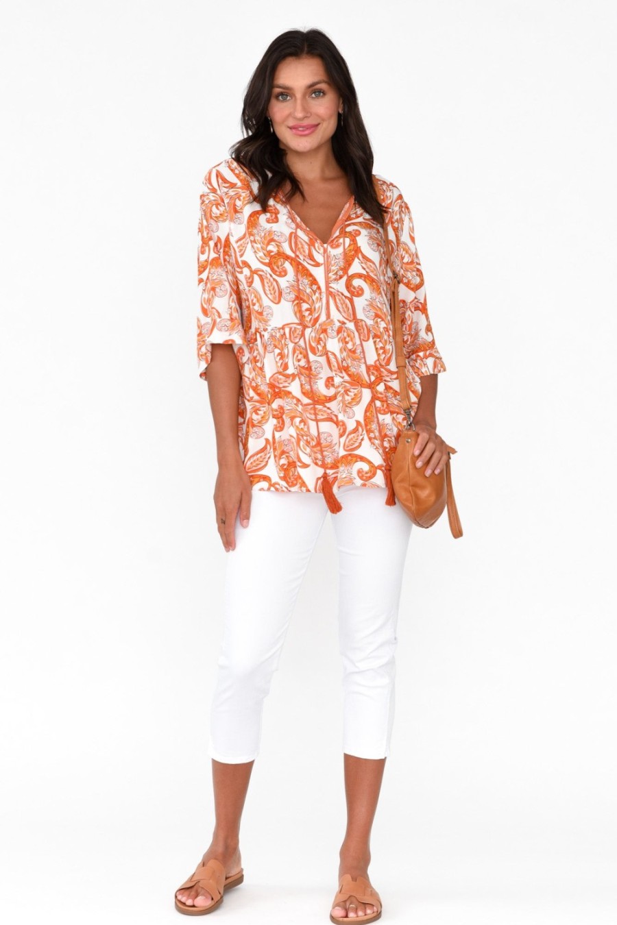 Clothing Sanctum Sleeved Tops | Gwendolyn Orange Paisley Tassel Top