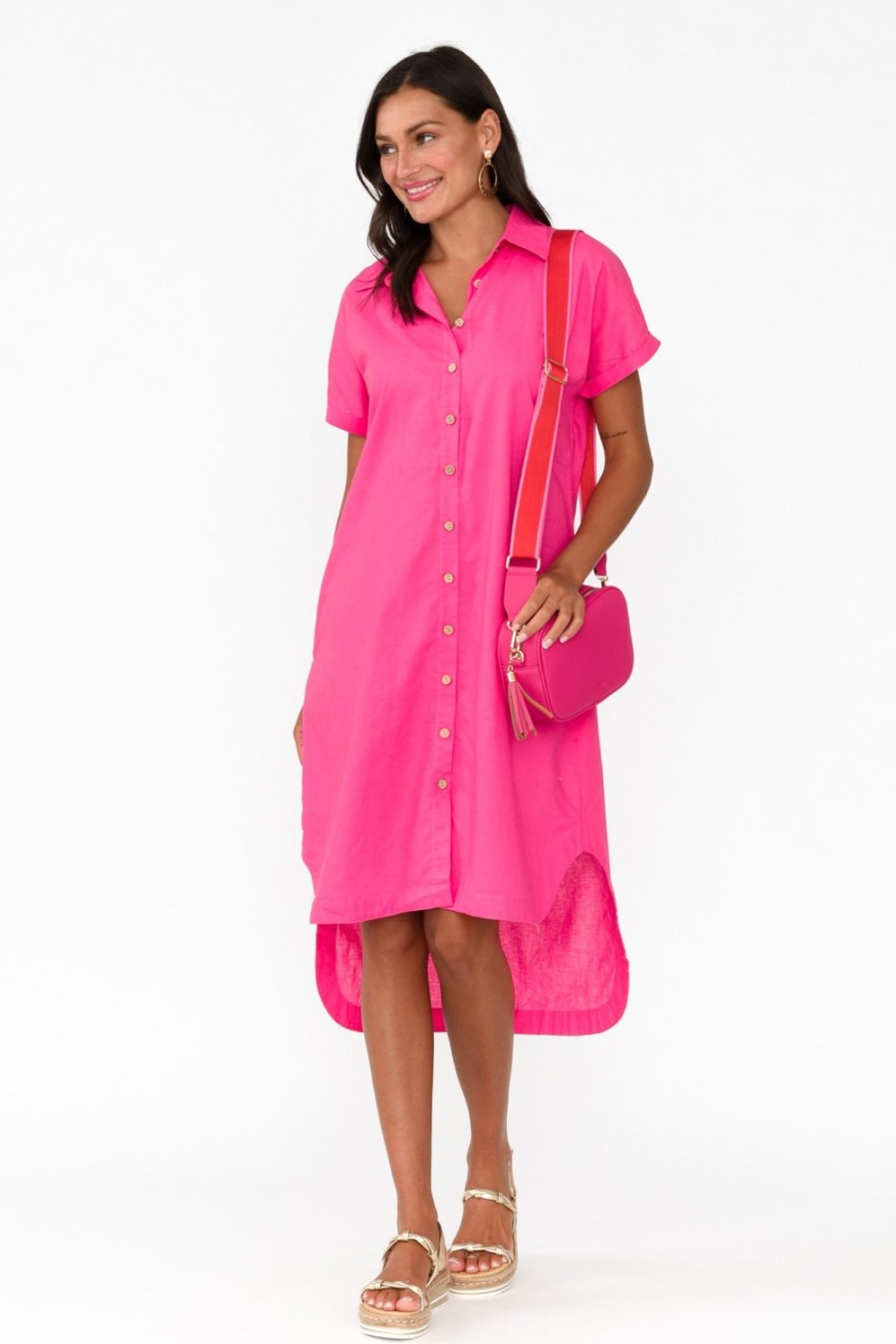 Clothing Cali and Co Linen Dresses | Mareli Hot Pink Linen Blend Dress