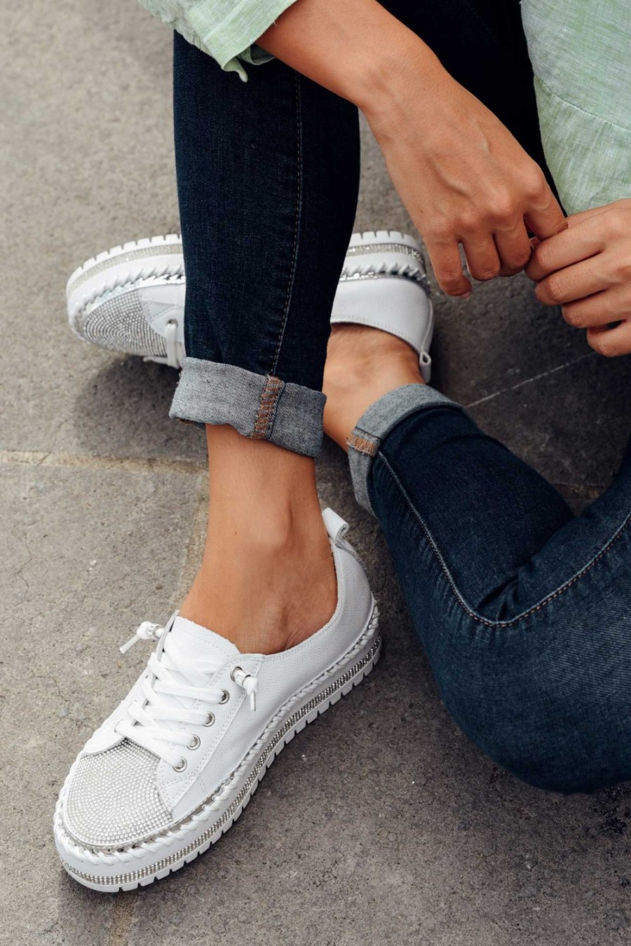 Shoes Ameise Leather Sneakers | Sky White Leather Diamante Sneaker