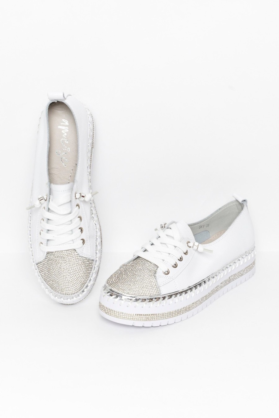 Shoes Ameise Leather Sneakers | Sky White Leather Diamante Sneaker