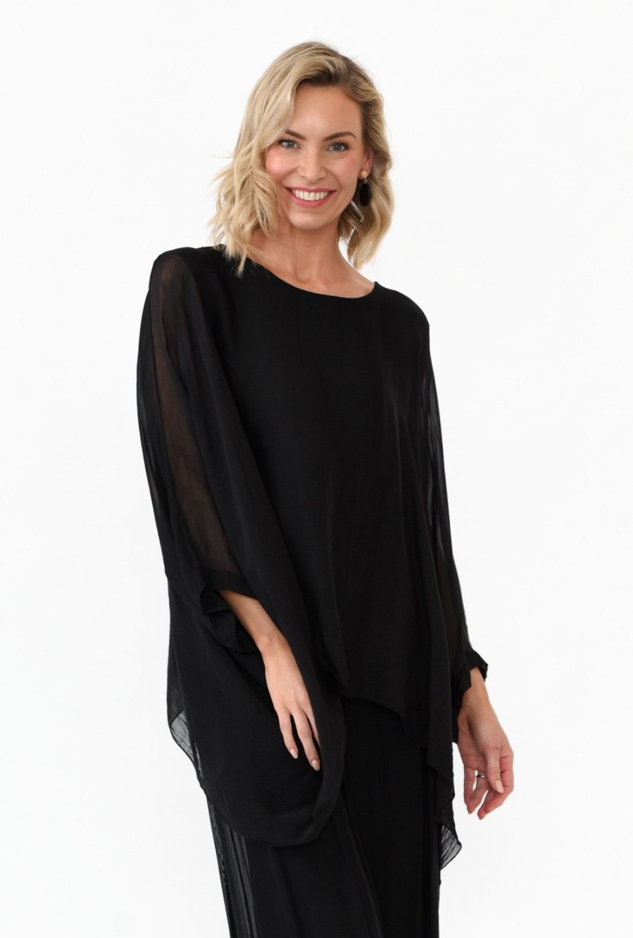 Clothing La Strada Sleeved Tops | Trevino Black Silk Overlay Top