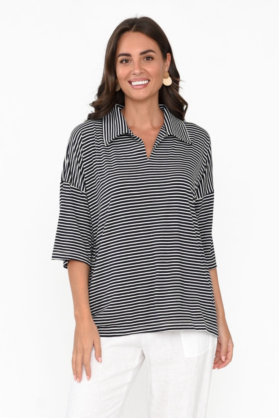 Clothing Bamboo Whispers Sleeved Tops | Cressida Navy Stripe Bamboo Top