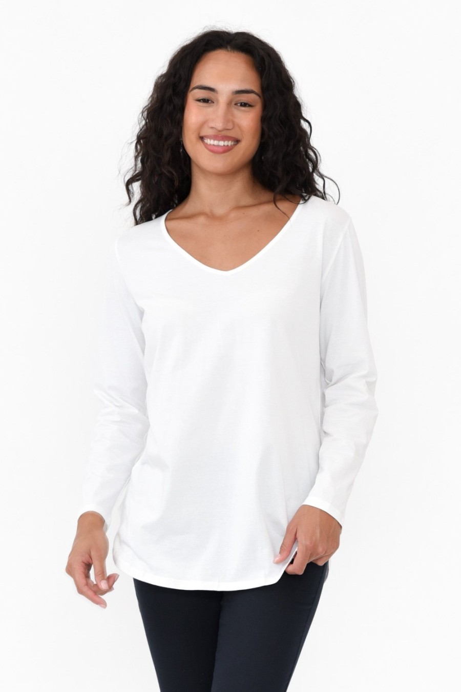 Clothing Cafe Latte Cotton Tops | Archer White Cotton Long Sleeve Top