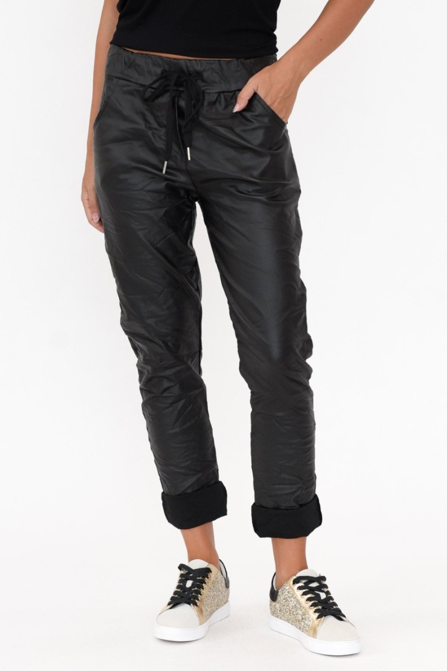 Clothing La Strada Pants | Munich Black Wet Look Stretch Pant