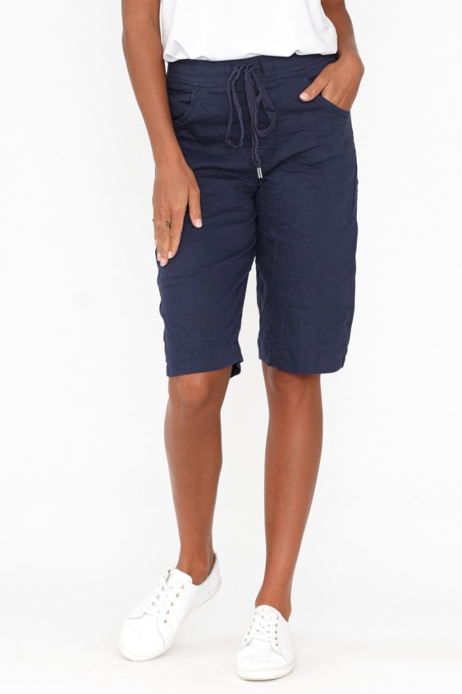 Clothing Cafe Latte Shorts | Asha Navy Cotton Blend Drawstring Shorts