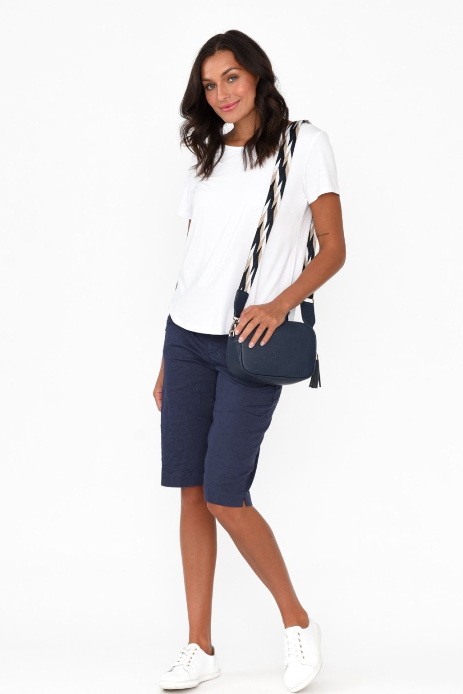 Clothing Cafe Latte Shorts | Asha Navy Cotton Blend Drawstring Shorts