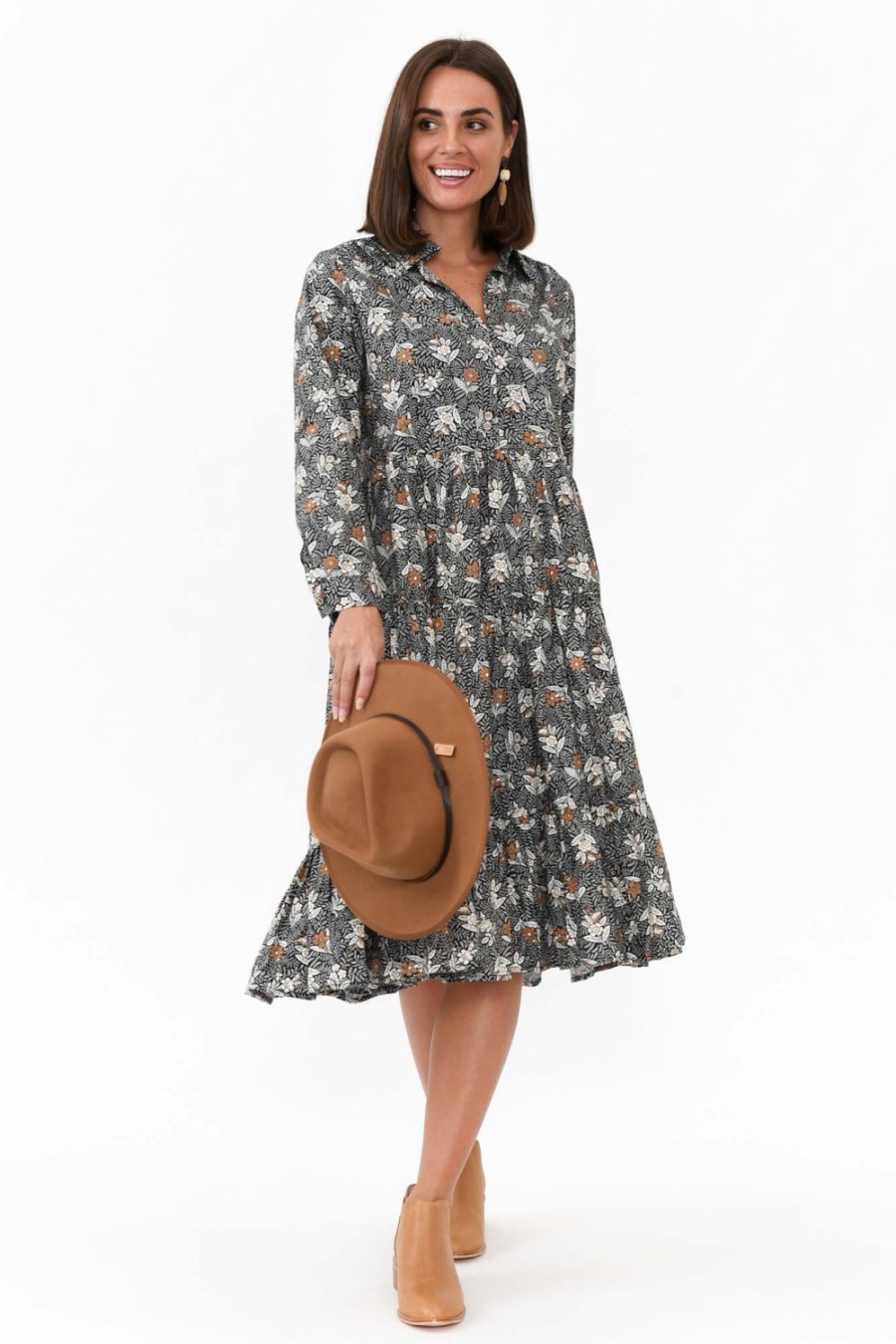 Clothing Willow Tree Cotton Dresses | Romeo Black Blossom Cotton Shirt Dress