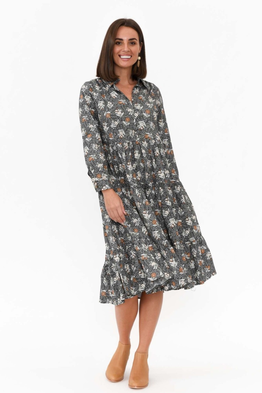 Clothing Willow Tree Cotton Dresses | Romeo Black Blossom Cotton Shirt Dress