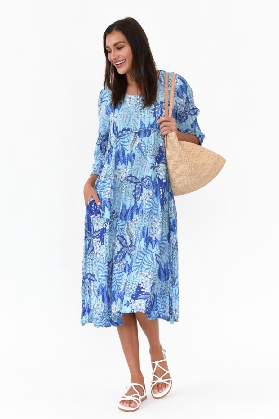 Clothing Willow Tree Below Knee Dresses | Tallulah Blue Tropical Midi Dress