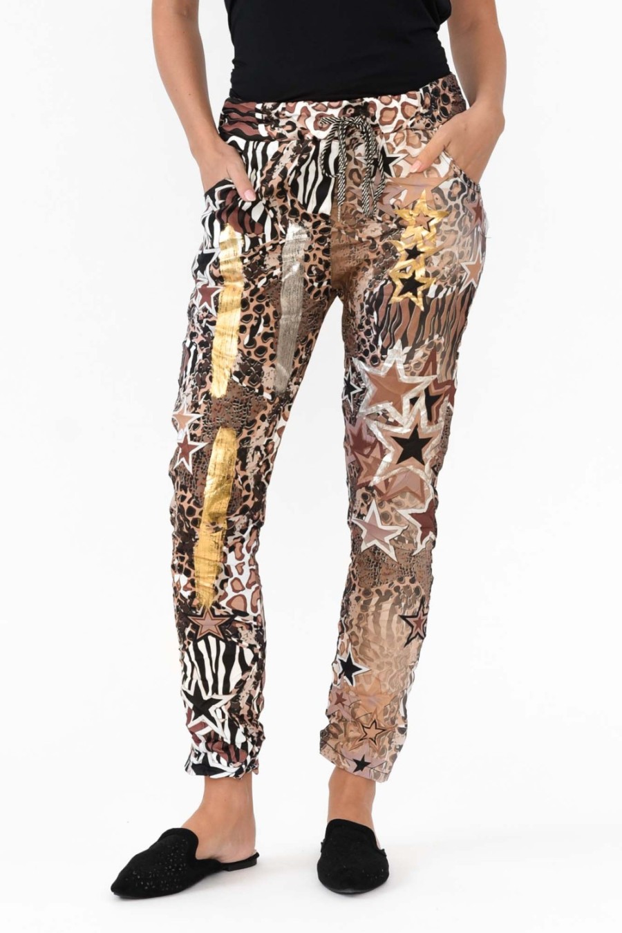 Clothing La Strada Pants | Russo Brown Animal Star Drawstring Pant