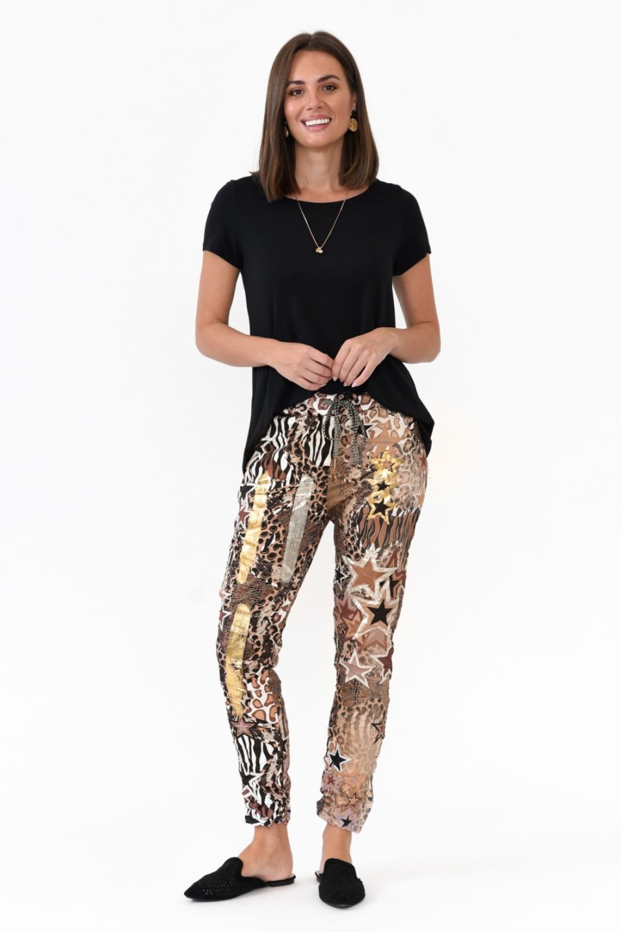 Clothing La Strada Pants | Russo Brown Animal Star Drawstring Pant