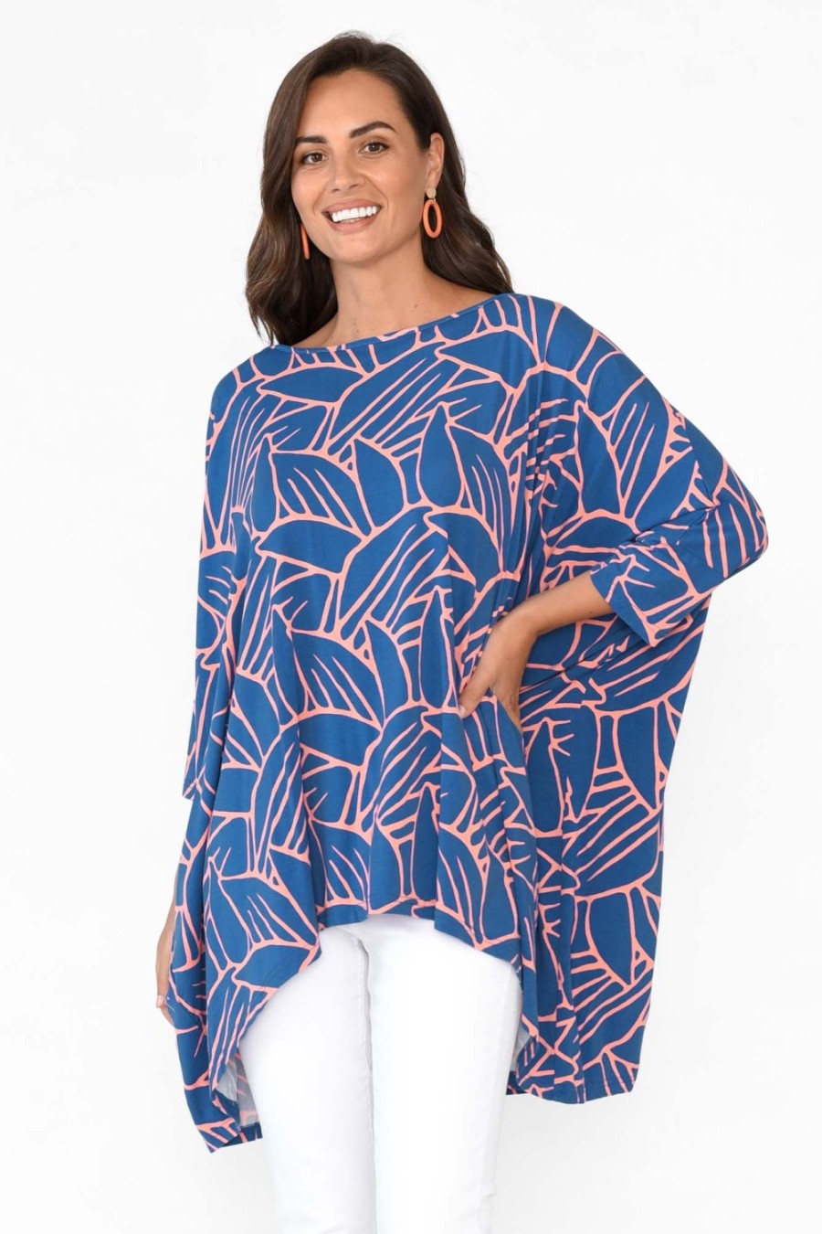 Clothing PQ Tunic Tops | Simplicity Blue Leaf Bamboo Drape Top