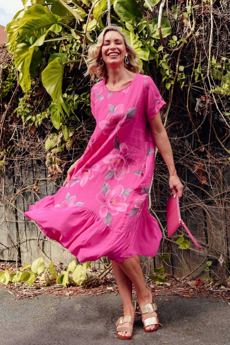 Clothing Fabuler Linen Dresses | Ryker Hot Pink Floral Linen Pocket Dress