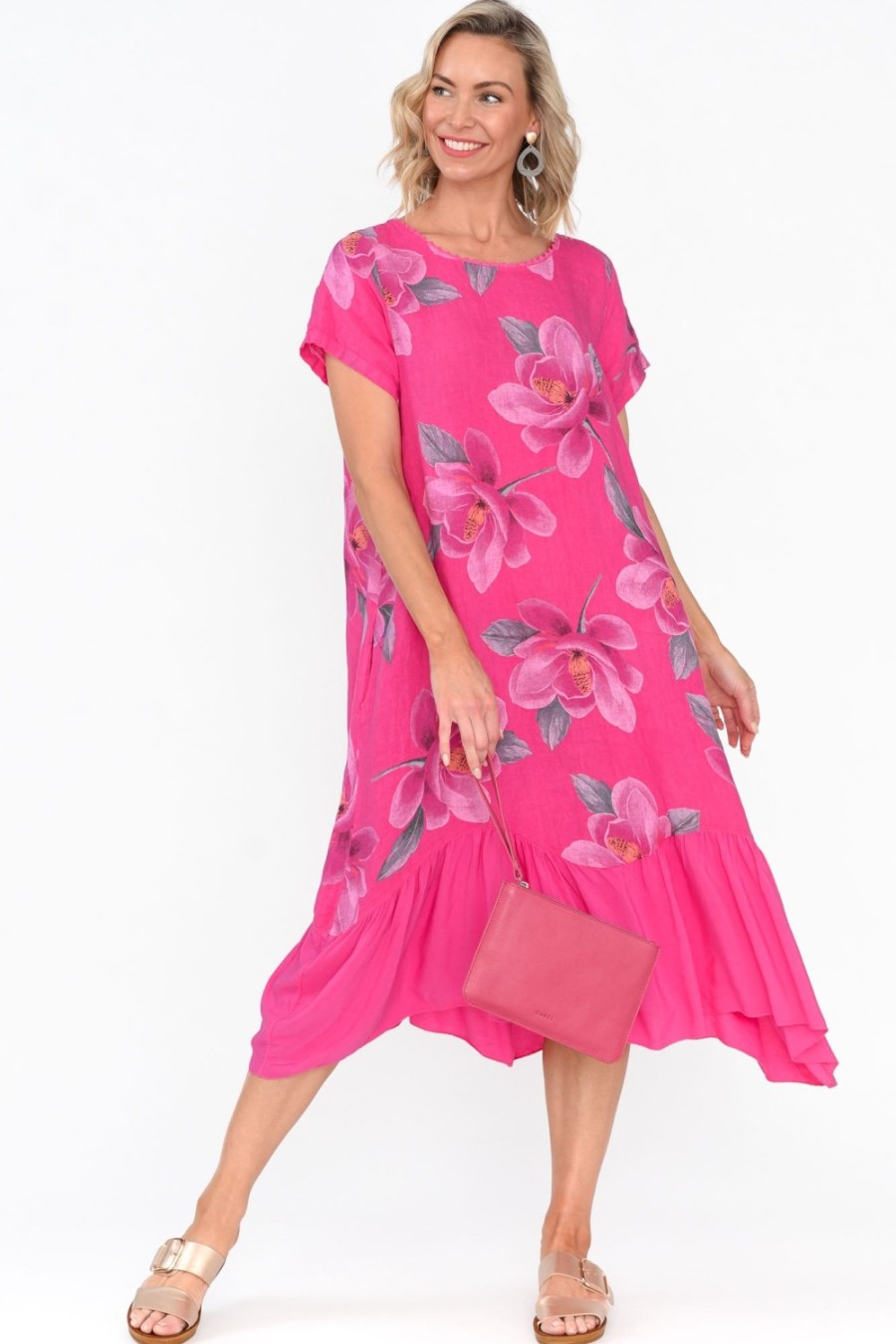 Clothing Fabuler Linen Dresses | Ryker Hot Pink Floral Linen Pocket Dress