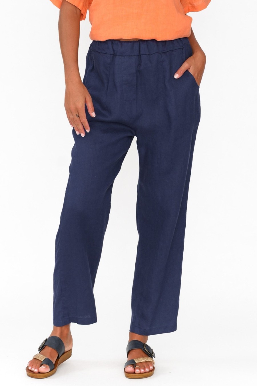 Clothing Cali and Co Pants | Marylou Navy Linen Pocket Pant