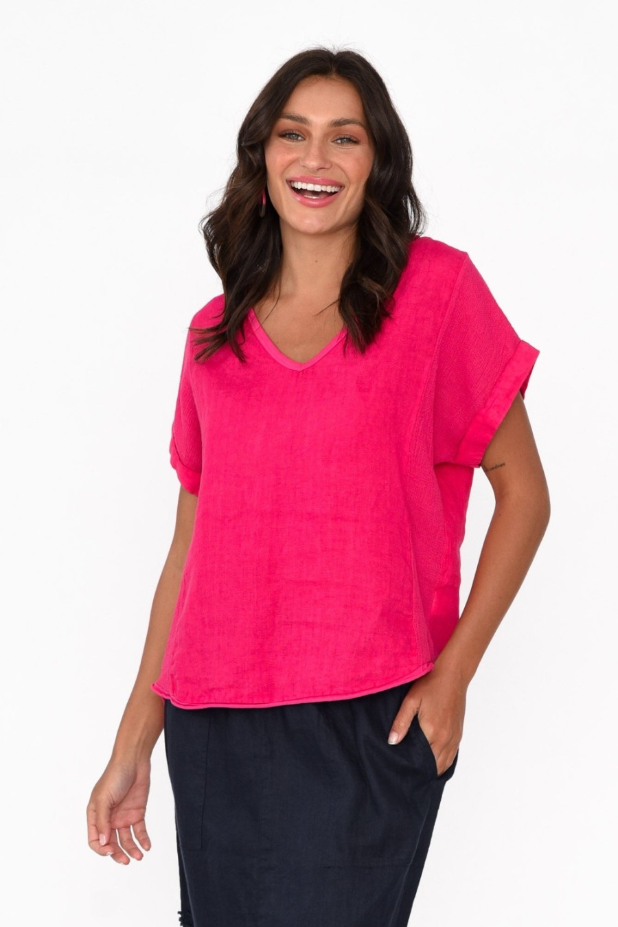 Clothing La Strada Cotton Tops | Dorian Hot Pink Linen Cotton Top