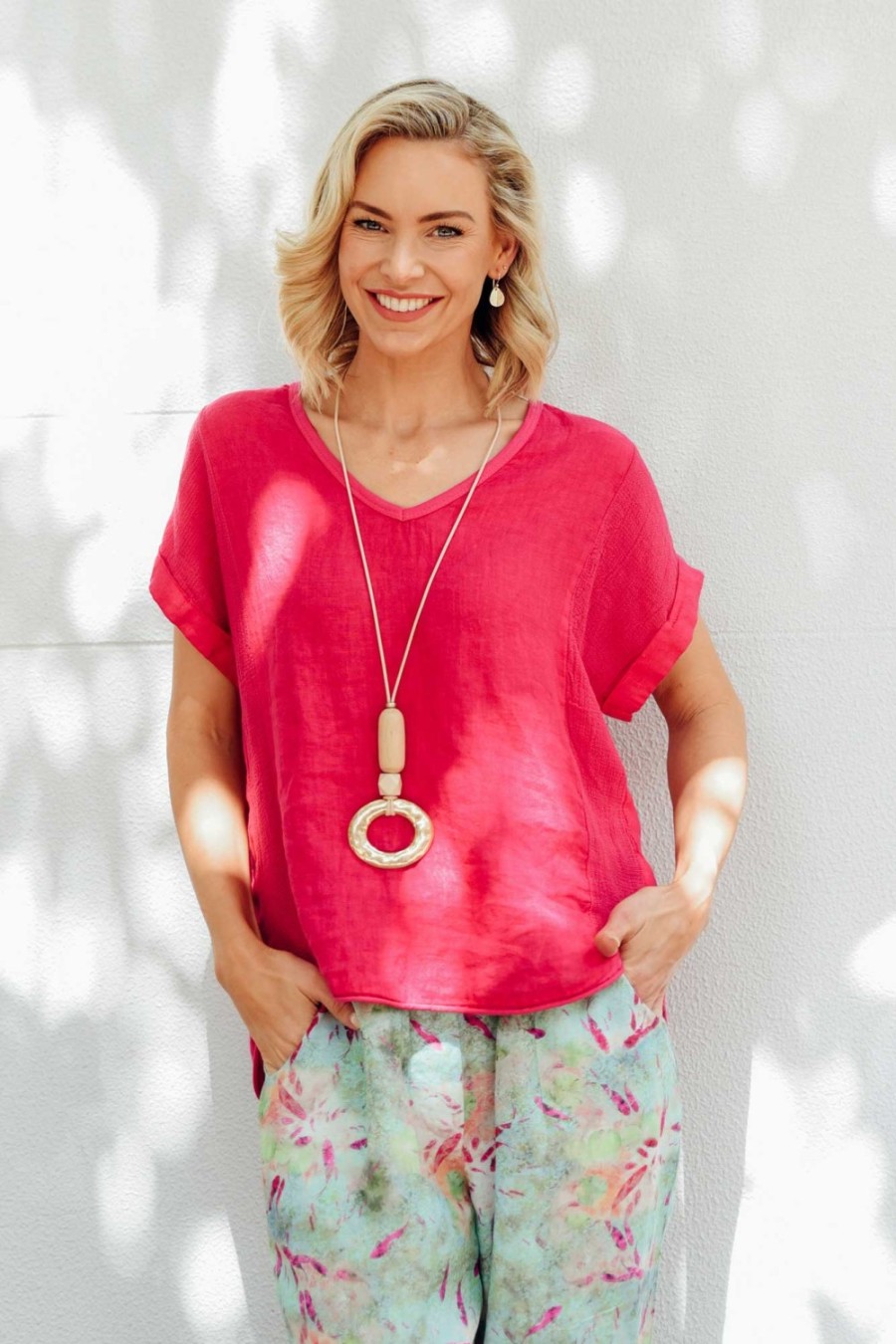 Clothing La Strada Cotton Tops | Dorian Hot Pink Linen Cotton Top