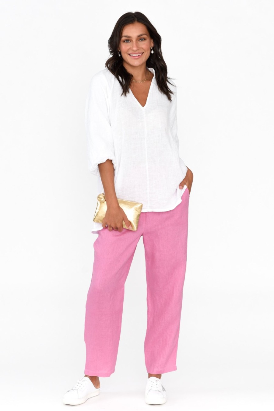 Clothing Cali and Co Pants | Marylou Pink Linen Pocket Pant