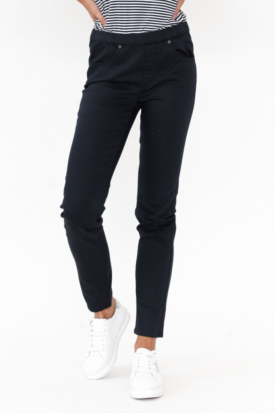 Clothing Cafe Latte Pants | Flynn Navy Cotton Blend Stretch Pant