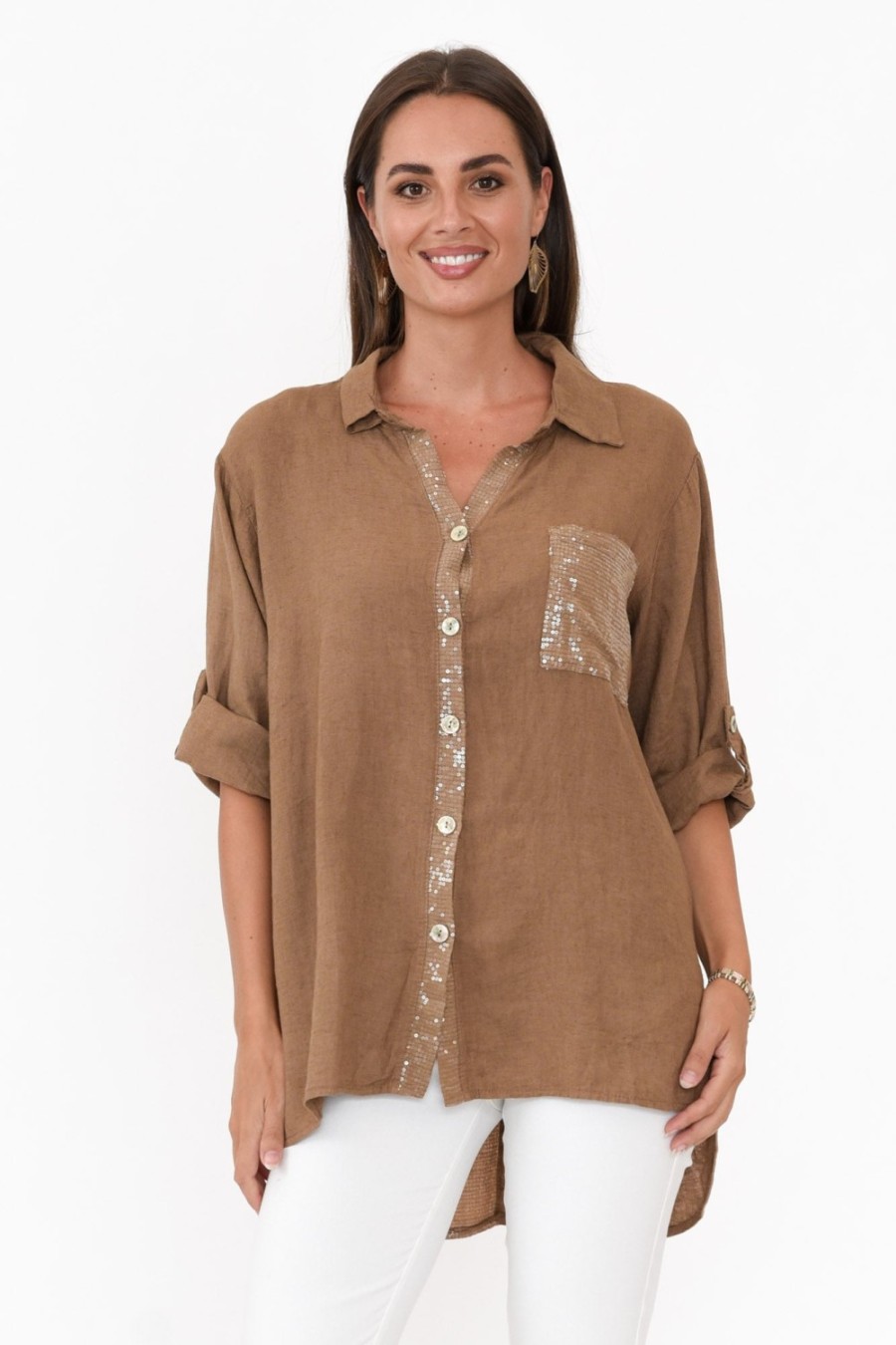 Clothing La Strada Linen Tops | Hamish Chocolate Linen Sequin Pocket Shirt