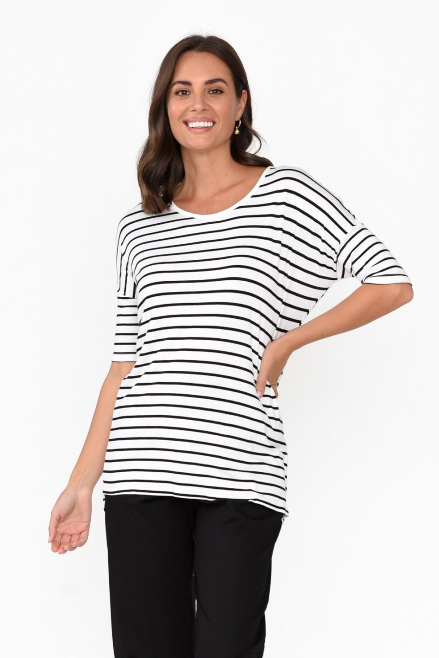 Clothing Betty Basics Sleeved Tops | Marbella White Stripe Scoop Neck Tee