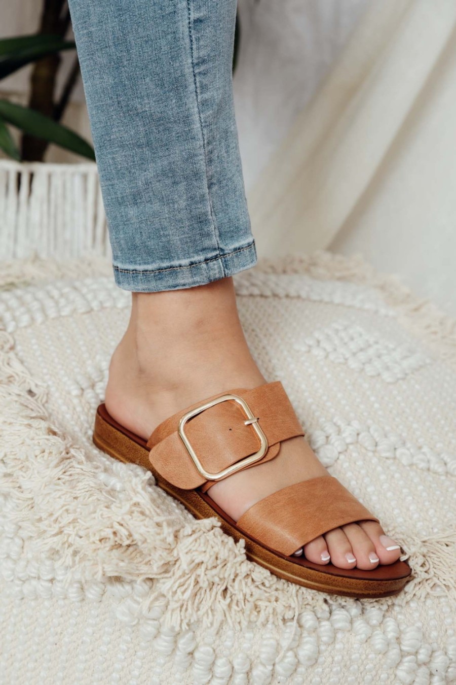 Shoes Los Cabos Flat Sandals | Doti Tan Buckle Slide