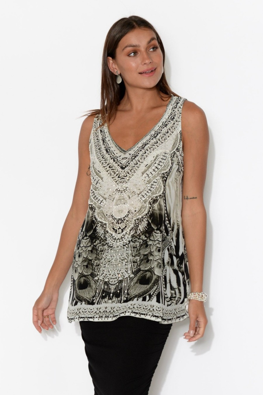 Clothing Fashion Spectrum Sleeveless Tops | Grey Safari Silk Singlet Top