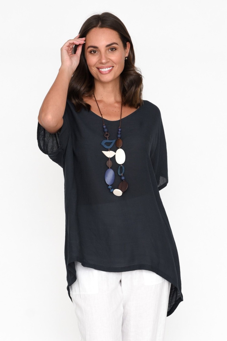 Clothing Cotton Village Cotton Tops | Elvira Navy Drape Top