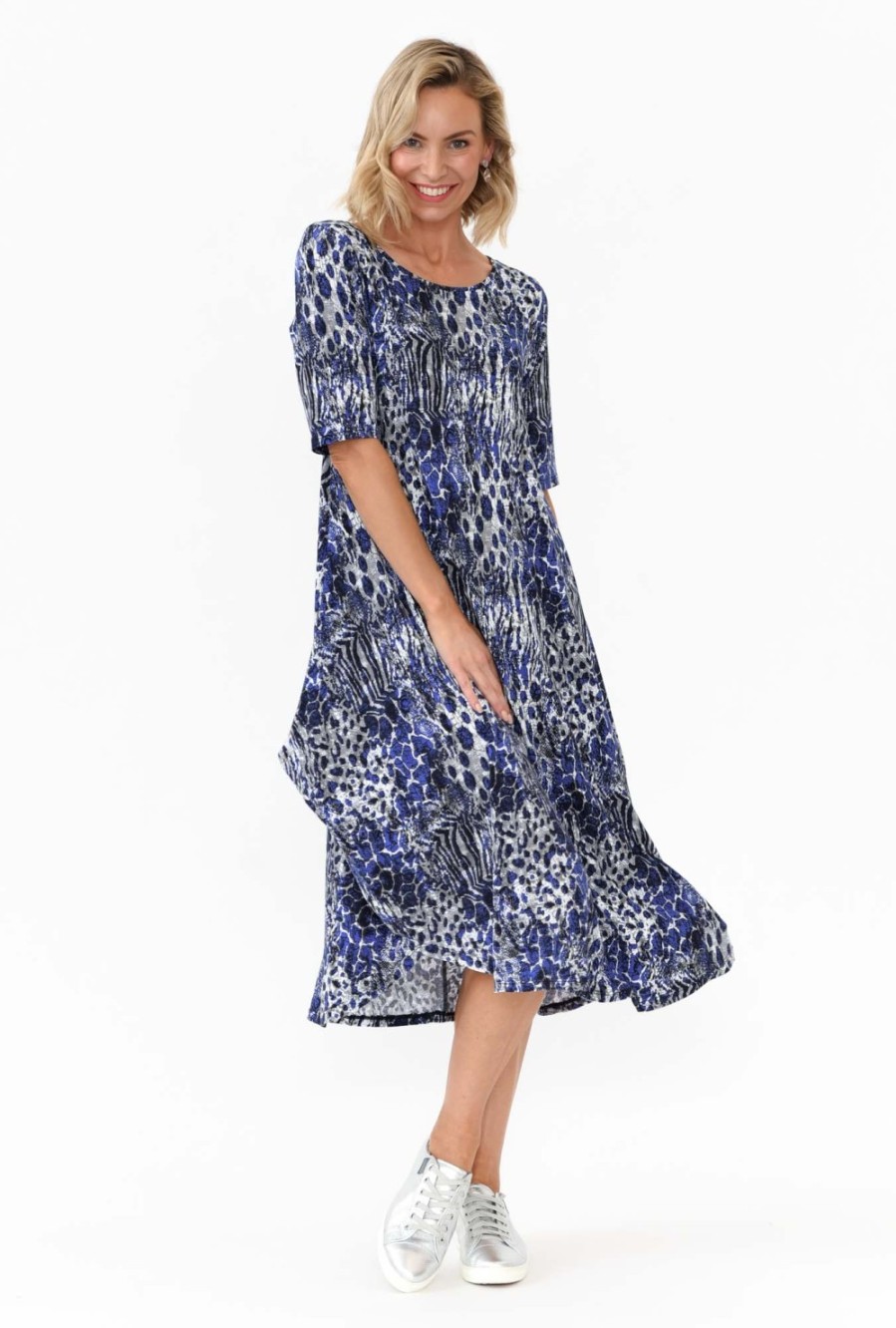 Clothing Tani Midi Dresses | Blue Animal Micro Modal Tri Drape Dress