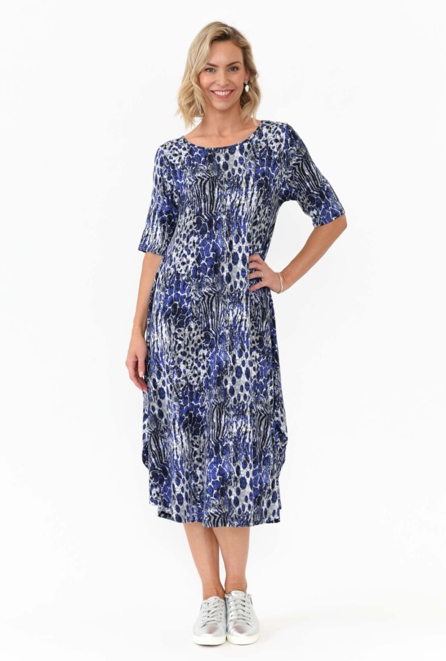 Clothing Tani Midi Dresses | Blue Animal Micro Modal Tri Drape Dress